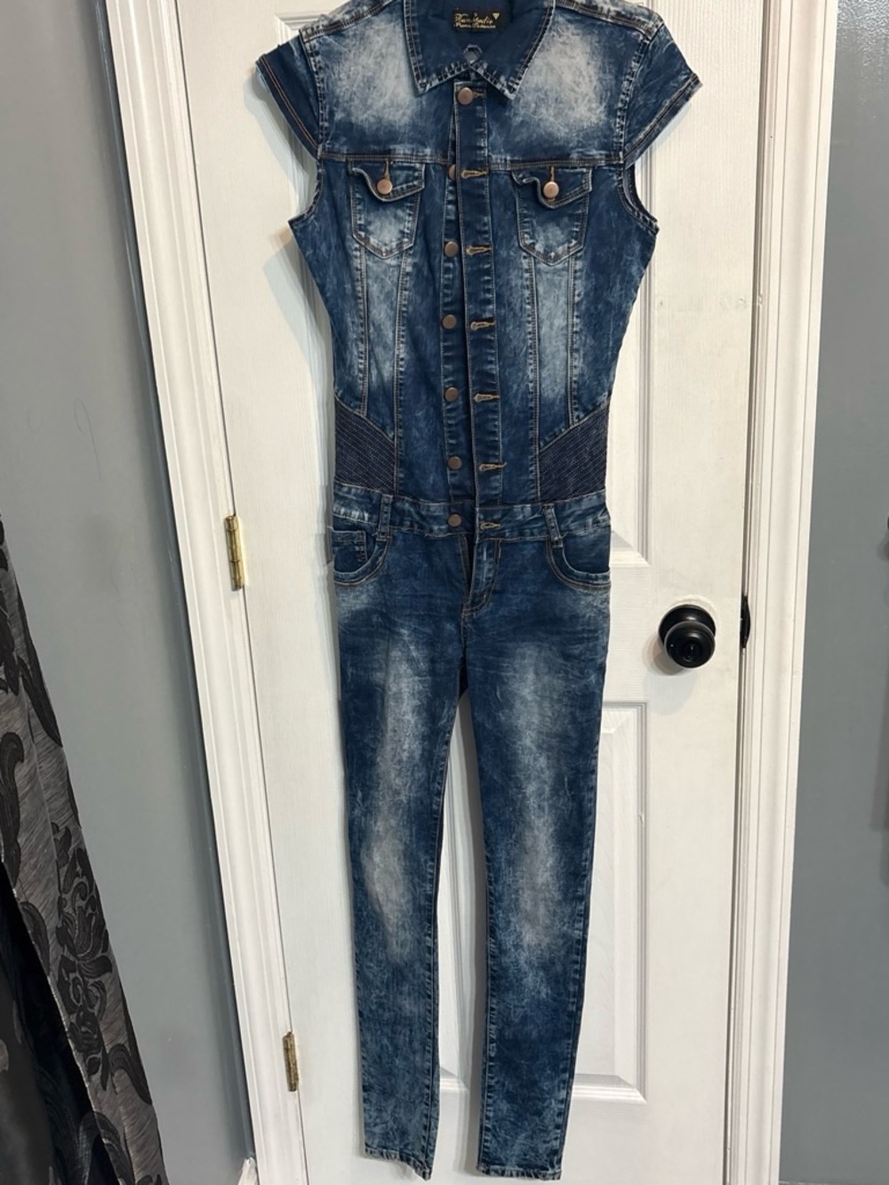 Women's Dark Blue Washed Denim Jumpsuit Jeans